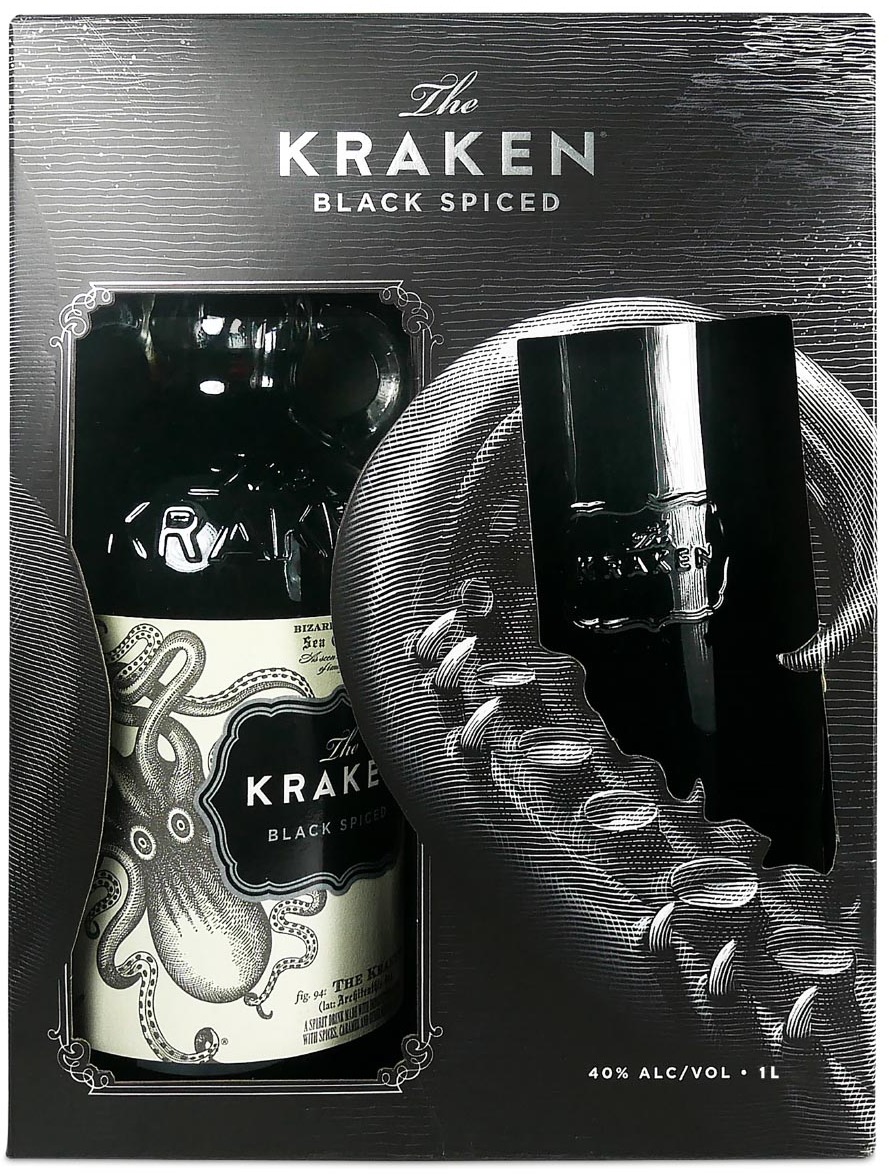 The Kraken Black Spiced Rum duty-free Glass in + 1L 1 Vilnius airport 40% at