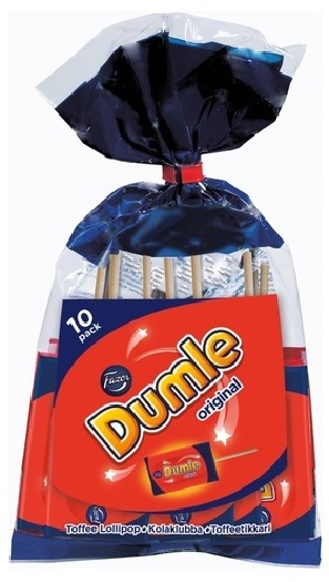 Fazer Dumle Lollipops in 10-pack chocolate covered toffee lollies 100g