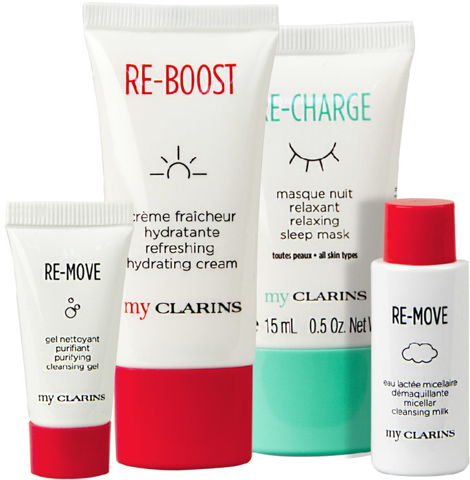Clarins Set cont.: Day&Night grab&go,RE-BOOST Refreshing Hydrating Day Cream 30ml+RE-CHARGE Night Mask 15ml+RE-MOVE Micel